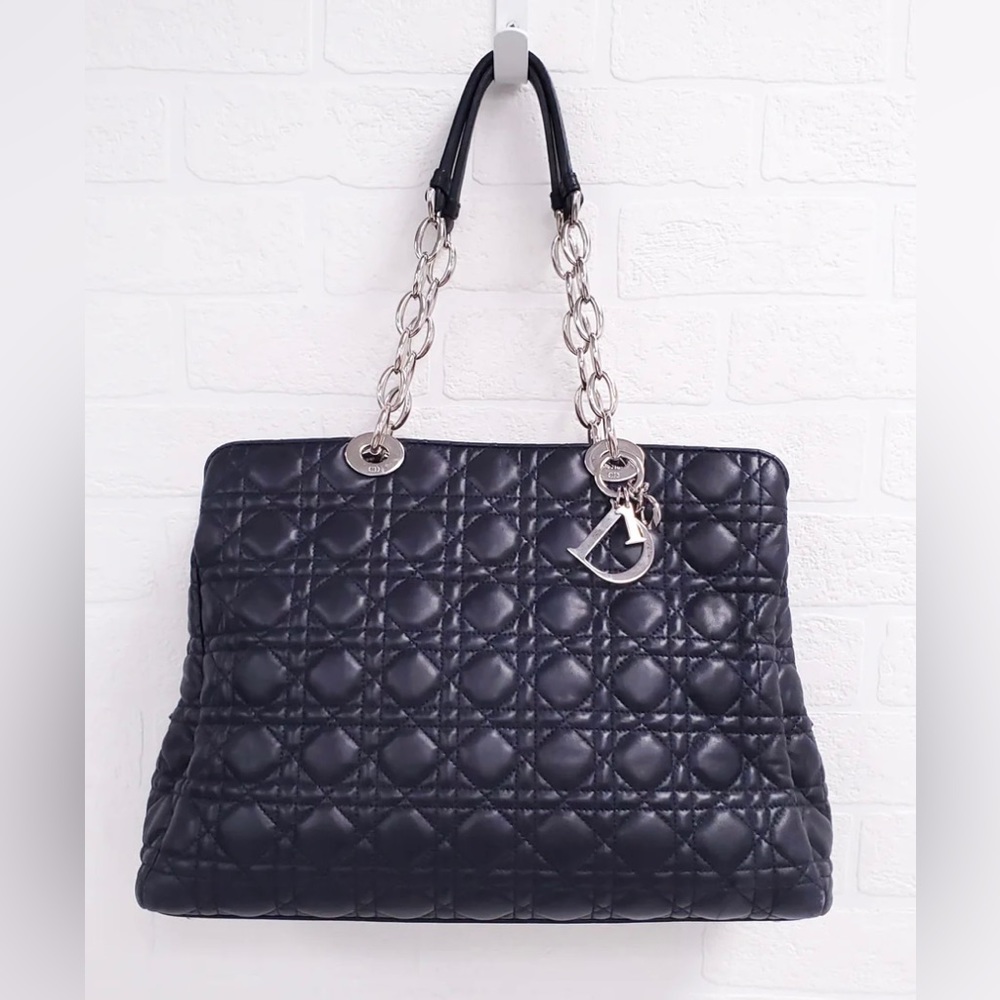 CHRISTIAN DIOR LEATHER CANNAGE SOFT SHOPPER TOTE- NAVY